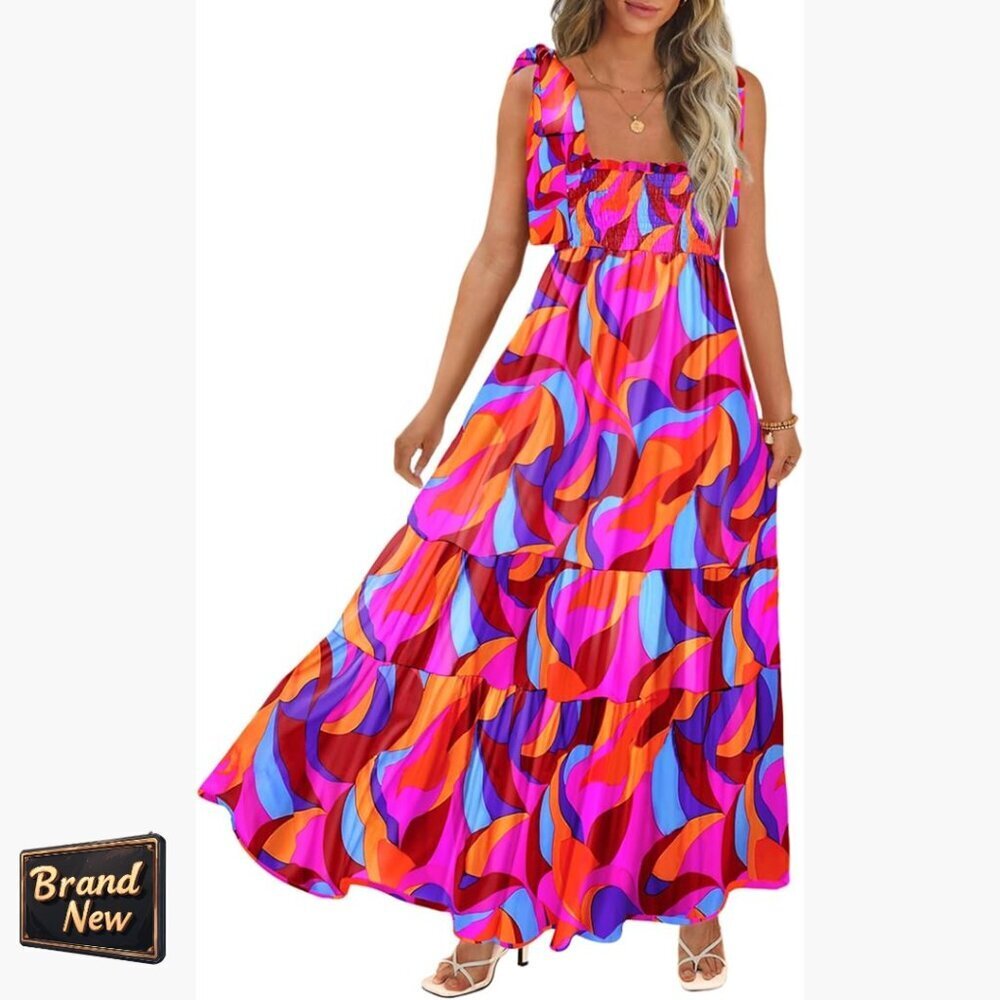 Summer Maxi Dress Boho Spaghetti Straps A-line Smocked Beach Casual